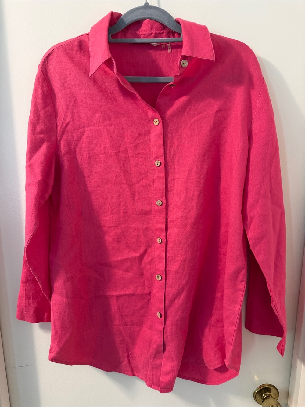 Soft Surroundings Button-Down 100% Linen Tunic Shirt in Bright Pink